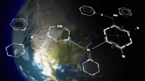 Animation-Von-Molekülstrukturen-Und-Rotierendem-Globus-Vor-Abstraktem-Hintergrund