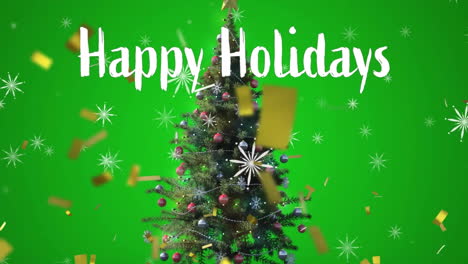 Animation-of-happy-holidays-text-and-snow-falling-over-christmas-tree-on-green-background