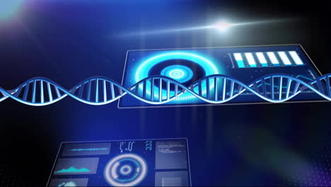 Animation-Eines-DNA-Strangs,-Der-Sich-über-Die-Datenverarbeitung-Auf-Blauem-Hintergrund-Dreht