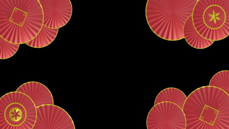 Animation-of-chinese-red-and-gold-pattern-with-copy-space-on-black-background