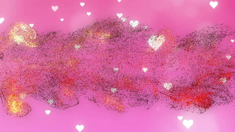 Animation-of-white-hearts-falling-over-red,-yellow-and-black-particles-on-pink