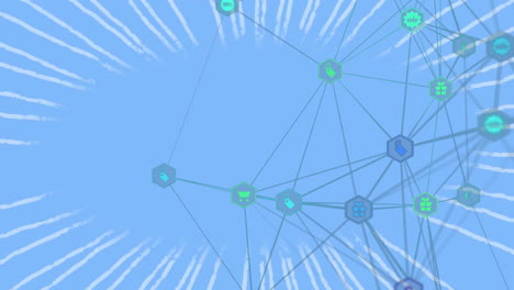 Animation-of-network-with-icons-and-connections-on-blue-background