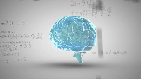 Animation-Der-Mathematischen-Datenverarbeitung-über-Dem-Menschlichen-Gehirn-Auf-Grauem-Hintergrund