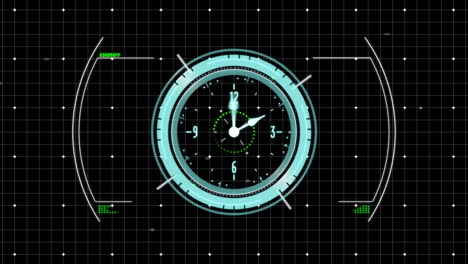 Animation-of-clock-moving-fast-over-scope-and-grid-on-black-background
