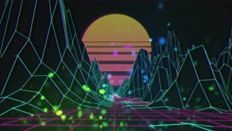 Animation-Einer-Rosa-Und-Gelben-Sonne-über-Einer-Gitterlandschaft-Und-Leuchtenden-Lichtern-Auf-Schwarzem-Hintergrund