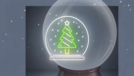 Animation-of-illuminated-christmas-tree-in-snow-globe-over-snowfall-against-gray-background