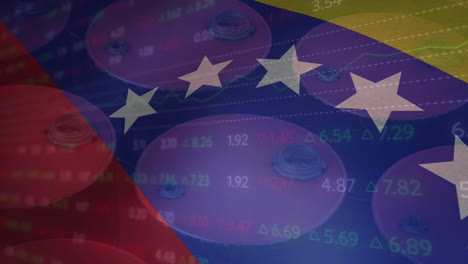 Animation-Der-Verarbeitung-Finanzieller-Daten-über-Ölfässern-Und-Der-Flagge-Venezuelas