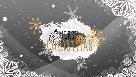 Animation-Von-Frohe-Weihnachten-Text-über-Schneeflocken-Auf-Grauem-Hintergrund