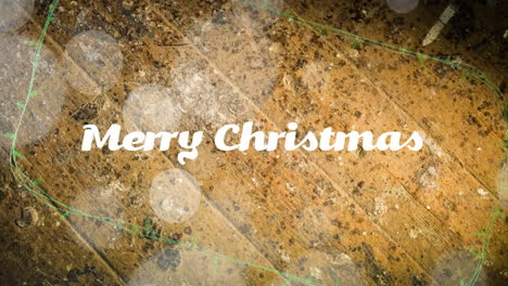 Animation-of-merry-christmas-text,-spots-of-light-over-christmas-fairy-lights-decorations