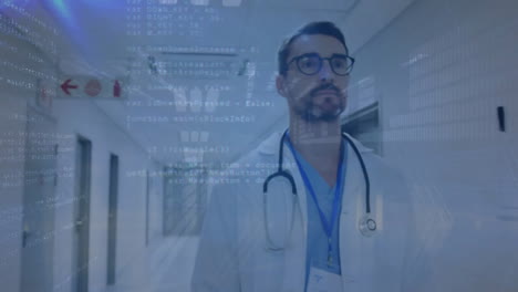 Animation-Von-Netzwerk--Und-Datenverarbeitung-über-Einem-Kaukasischen-Männlichen-Arzt-Im-Krankenhausflur