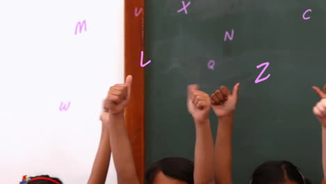 Animation-of-letters-over-diverse-schoolchildren-raising-hands-school