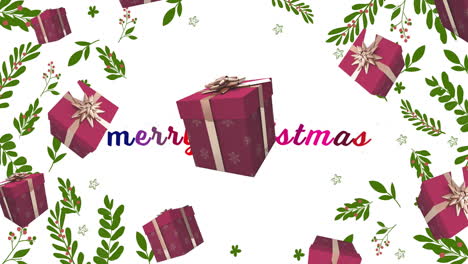 Animation-of-merry-christmas-text,-snow-falling-over-presents