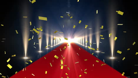 Animation-of-confetti-over-red-carpet-and-lights-on-black-background