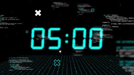 Animation-of-blue-digital-clock-timer-changing-over-data-processing-on-black-background