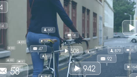 Animation-of-social-media-notifications-over-african-american-woman-with-bike-in-city-street
