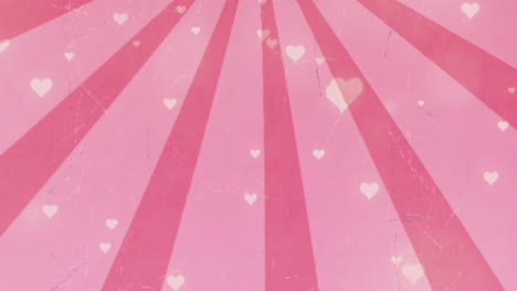 Animation-of-hearts-and-glowing-spots-of-light-on-pink-striped-background