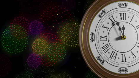 Animation-of-retro-clock-ticking-showing-midnight-with-fireworks-on-black-background