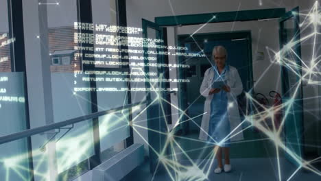 Animation-of-connections-over-caucasian-female-doctor-using-tablet-in-hospital
