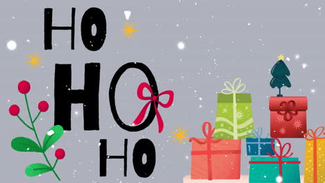Animation-of-snow-falling-and-ho-ho-ho-text-over-presents-on-grey-background-at-christmas