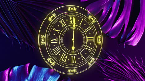 Animation-of-yellow-clock-with-fast-moving-hands-over-blue-and-purple-leaves-on-black-background