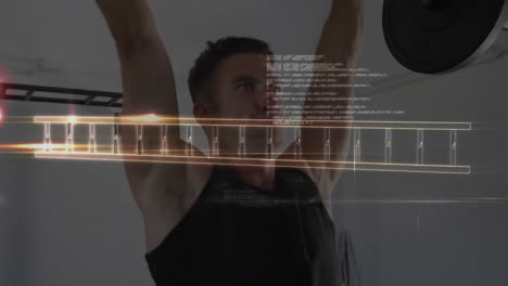 Animation-of-data-processing-and-dna-strand-over-caucasian-man-lifting-barbell-on-gym