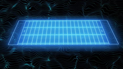 Animation-of-glowing-blue-grid-moving-over-light-trails-on-black-background
