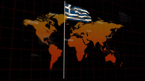 Animation-of-financial-data-processing-over-flag-of-greece-and-world-map