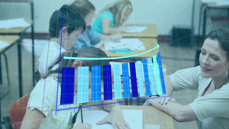 Animation-of-financial-data-processing-over-diverse-schoolchildren-and-female-teacher