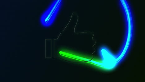 Animation-of-social-media-thumbs-up-icon-over-glowing-lights-over-dark-background