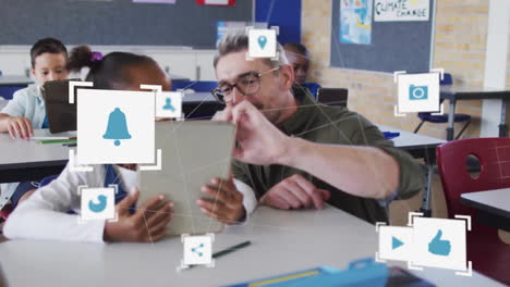 Animation-of-network-of-connections-with-icons-over-diverse-schoolgirl-and-teacher-using-tablet