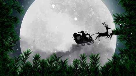 Animation-of-snow-falling-over-christmas-santa-claus-in-sleigh-and-winter-scenery