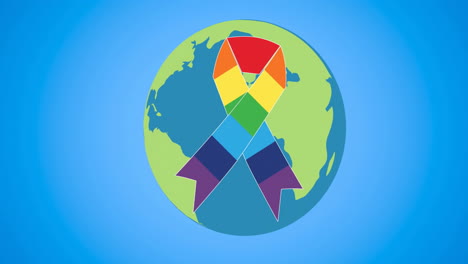 Animation-of-globe-with-rainbow-ribbon-over-blue-background