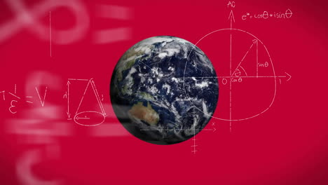 Animation-of-globe-rotating-over-mathematical-equations-on-red-background