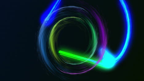 Animation-of-colourful-light-trails-forming-circles-on-black-background