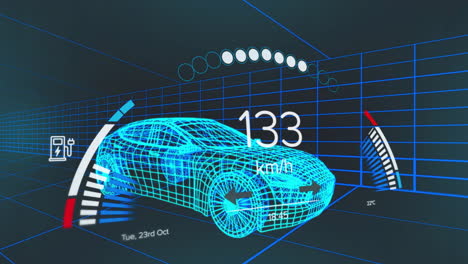 Animation-of-icons,-text-and-changing-numbers-in-speedometer-over-3d-model-of-car