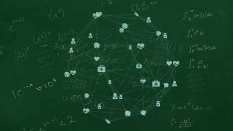 Animation-of-network-of-media-icons-over-mathematical-equations-on-chalkboard