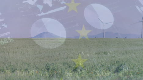 Animation-of-flag-of-eu-with-financial-data-processing-over-wind-turbines-field-in-countryside