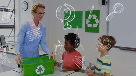 Animation-of-education-school-icons-over-diverse-school-children-in-recycling-in-classroom