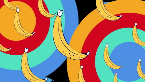 Animation-of-banana-icons-and-colourful-shapes-over-pencils-on-black-background