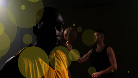 Animation-Verschiedener-Basketballspieler-Mit-Ball-Und-Lichtpunkten-Auf-Schwarzem-Hintergrund