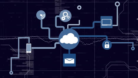 Animation-Des-Cloud-Symbols-Mit-Verbindungen-Und-Datenverarbeitung-Auf-Dunklem-Hintergrund
