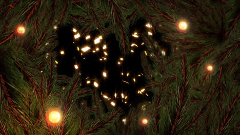 Animation-of-snow-falling-over-fir-tree-branches-and-fairy-lights