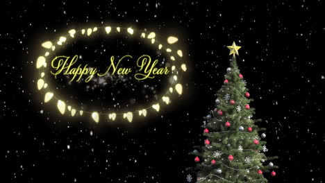 Animation-of-happy-new-year-text-over-christmas-tree-on-black-background