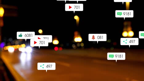 Animation-Von-Social-Media-Symbolen-Und-Datenverarbeitung-über-Stadtlichtern