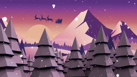Animation-of-snow-falling-over-santa-claus-in-sleigh-and-winter-scenery