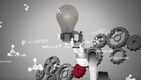 Animation-of-scientific-data-processing-over-robot's-arm-and-cogs,-lightbulb
