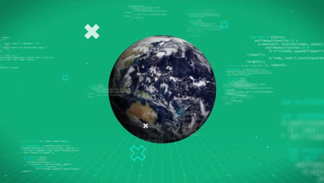 Animation-of-globe-with-data-processing-over-green-background