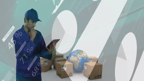 Animation-of-financial-data-processing-over-caucasian-delivery-man-and-boxes