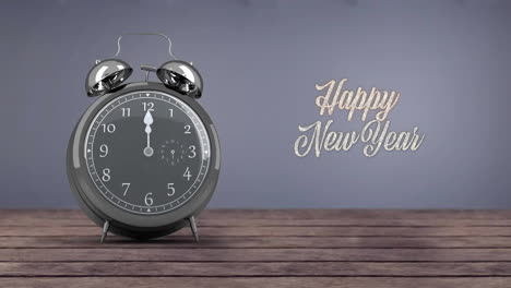 Animation-of-happy-new-year-text-and-alarm-clock-showing-midnights-on-grey-background