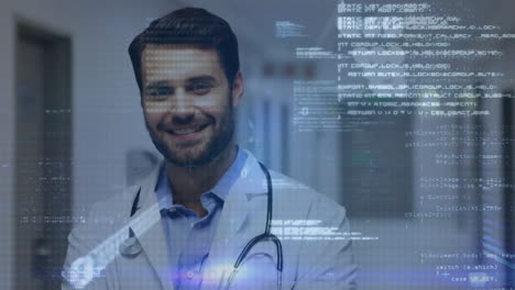 Animation-of-data-processing-over-happy-caucasian-male-doctor-in-hospital